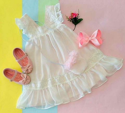 Vestido infantil celebrar bordado com bolsa flores