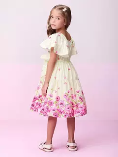 Vestido Amarelo Barrado Floral com Laço - comprar online