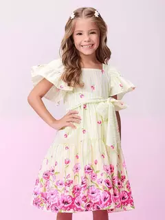 Vestido Amarelo Barrado Floral com Laço