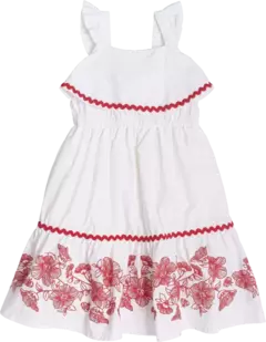 Vestido off white Sianinha Vermelha com Ombros Flutuantes e Estampa Floral no Babado na internet