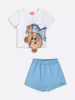 Conjunto azul de manga curta com estampa de ursinha - comprar online