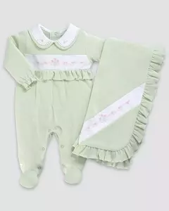 Saída de maternidade macacão longo bordado com manta malha tricot antialérgico algodão - comprar online