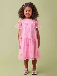 Vestido em tule flocado com borboletas