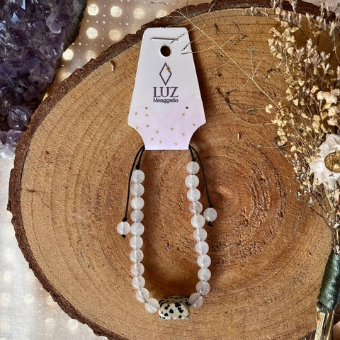 * Pulseira de Fio com Contas de Quartzo Rosa e Jaspe Dalmata - Luz Mengatto