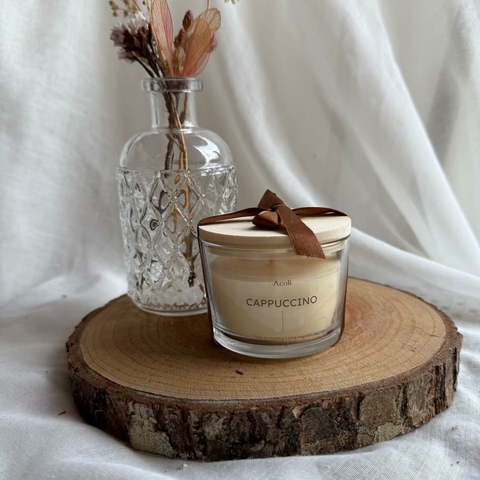 * Vela Aromática Capuccino 100gr (tampa de madeira) - Conforto - A.coli