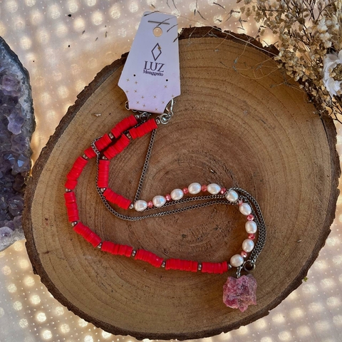 * Colar Crepúsculo Fimo Vermelho, Pérolas e Rodonita - Luz Mengatto