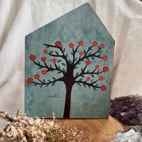 Quadro de Madeira Casinha Árvore - Fundo Verde