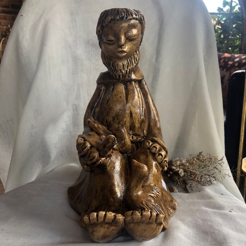 * São Francisco sentado Grande (pintura madeira) 30cm - Misan Artesanato