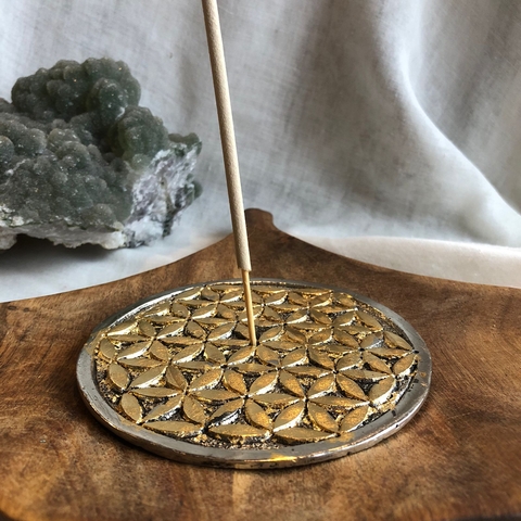Incensário Redondo Metal Flor da Vida Indiano (prata e dourado)