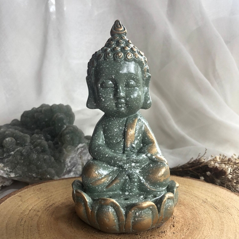 * Incensário Buda Baby Flor de Lótus (verde água com dourado) 13cm - Misan Artesanato