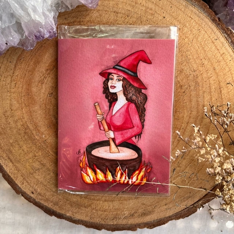 Cartão Bruxa 7,5x10cm - Cura Herbal (vermelho)