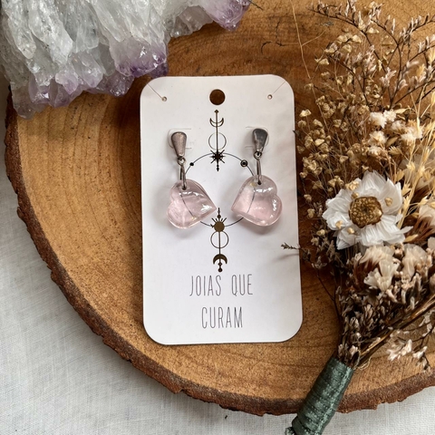 Brinco Quartzo Rosa Coração Prata 925 - Joias que Curam