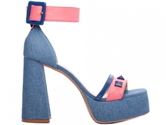 Sandália Meia Pata Jeans Azul, Napa Rosa e Verniz Azul; TCL-1.308A - Menina Refinada