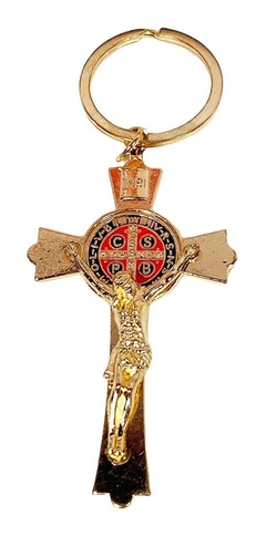Chaveiro Crucifixo Dourado com Medalha São Bento