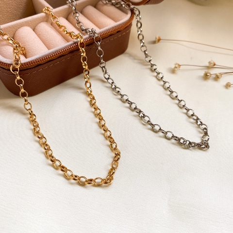 ref 221 Colar corrente elo português 4mm - prata e dourado verniz italiano