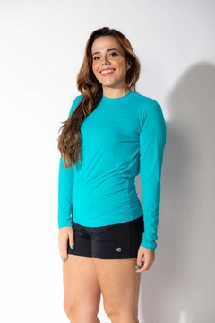 CAMISETA UV FEMININA MANGA LONGA AZUL PISCINA