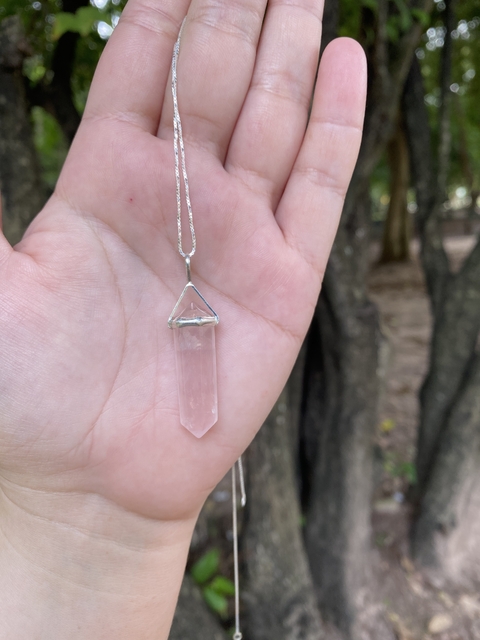 Pingente Quartzo Rosa Biterminado Prata 925 - Amor Próprio, Incondicional e Paz Interior