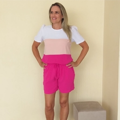 Conjunto em crepe com elastano, manga bufante, short com elástico dress up store
