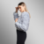 Chaqueta femenina de piel de conejo y cuero de cordero a cuadros "Deepgrid" en color azul brisa de Fabiane Frank. Hecha a mano en Gramado – Brasil. Otoño/Invierno 2025.