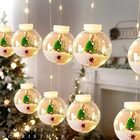 Cortina Led de esferas navideñas con nieve luz calida de 3 mts