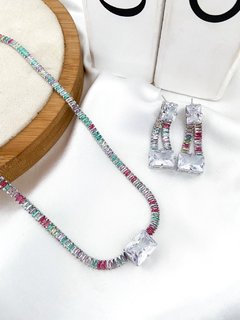 Conjunto colar e brinco folheado corrente cravejada de navetes de zirconia e pedra na internet