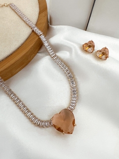 conjunto colar e brinco folheado a ouro 18k e prata navetes com coração de zircônia - comprar online