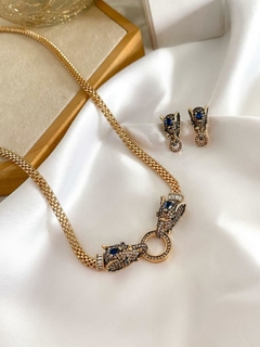 Conjunto colar e brinco semi joia banhados ouro 18k com elefante cravejado em zircônias negras
