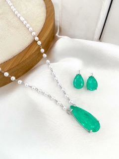 Conjunto de colar e brinco com corrente de perolas e gota fusion - comprar online