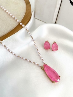 Conjunto de colar e brinco com corrente de perolas e gota fusion - Febijus