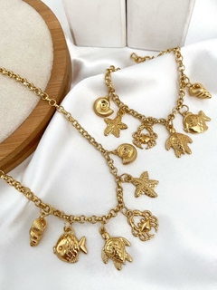 Conjunto Colar e Pulseira de Elo português e Pingentes Do Mar