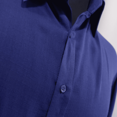 Camisa Social de Viscose com Trama de Linho Azul Oxford - Alfaiataria F.R