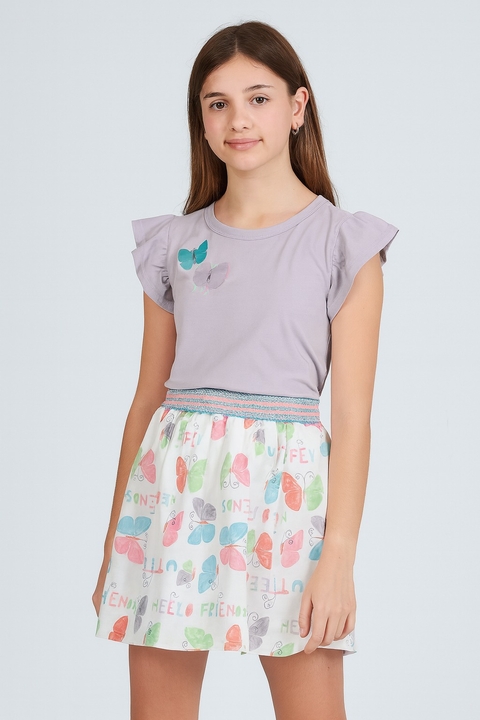 CONJ BLUSA EM M/M E SAIA DE TECIDO / LILAS/BRANCO / 14