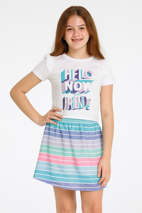 CONJ BLUSA EM M/M E SAIA DE TECIDO / BRANCO/LISTRADO LILAS / 4