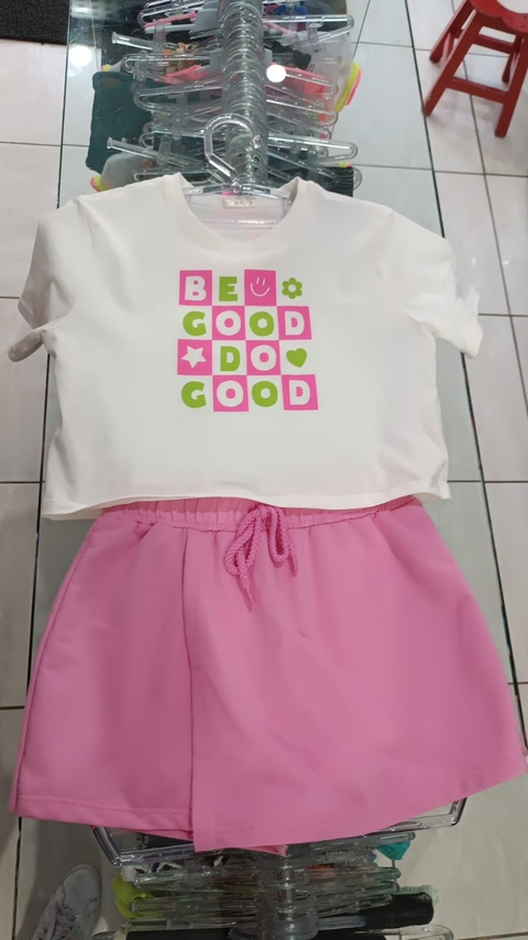 CONJUNTO FEM. T-SHIRT CROPPED + SHORTS SAIA MOLETINHO / AURORA PINK / 12