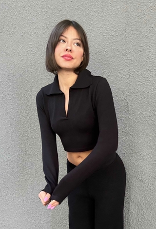 Top tricot gola polo manga longa PRETA
