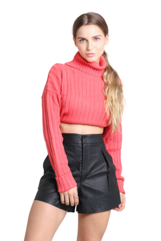 Tricot cropped canelado gola alta ROSA
