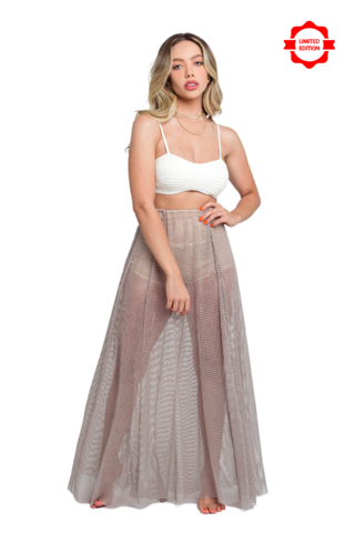 Saia longa rodada com hotpant TELA DOURADA