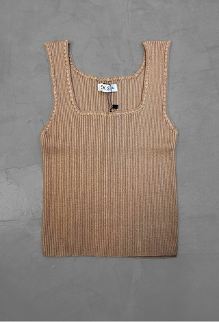 Blusa tricot modal decote quadrado com ponto crochê - Bege