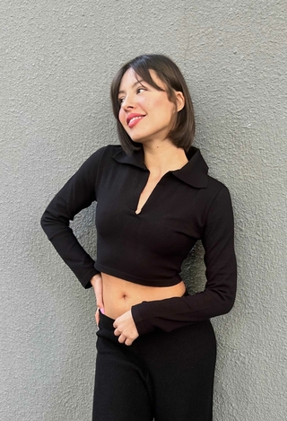 Top tricot gola polo manga longa PRETA