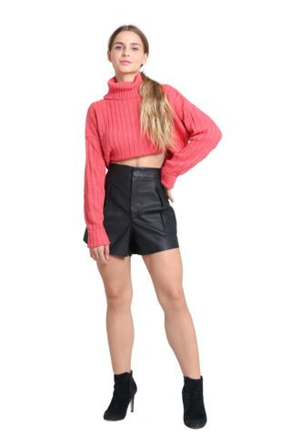 Tricot cropped canelado gola alta ROSA