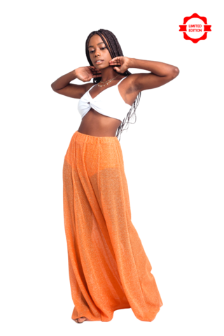 Saia longa rodada com hotpant LARANJA C/ LUREX PRATA