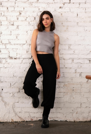 Top Tricot Básico Cinza com Foil Prata