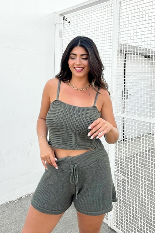 Top tricot amarração crochê VERDE MILITAR