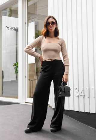 Blusa tricot canelada manga longa decote quadrado BEGE