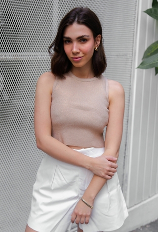Top Tricot Básico Bege com Foil Dourado