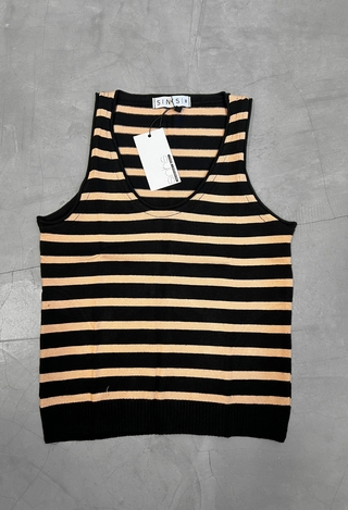 Blusa tricot modal decote U - Preta/Bege