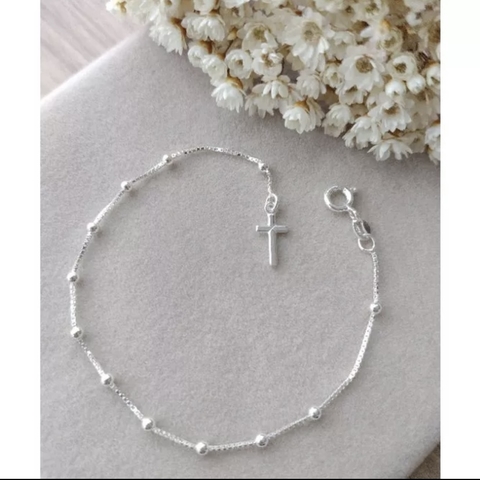 Pulseira bolinhas com crucifixo prata 925