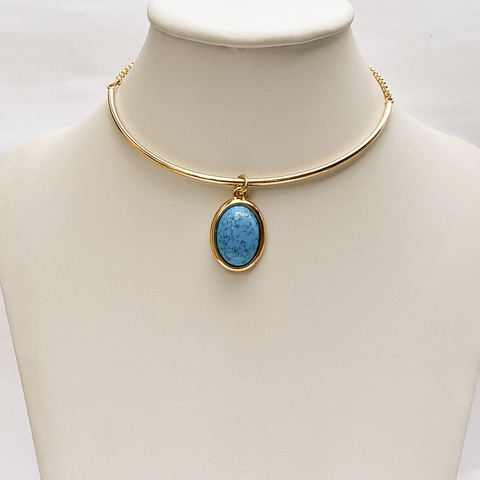 Colar Meio Aro Dourado Pedra Azul