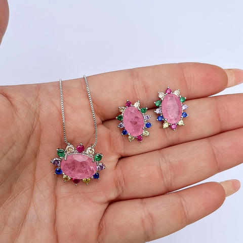 Conjunto Redondo Rosa Cravejado Prata