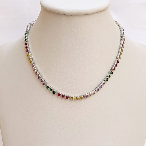 Colar Riviera Rígida Gorda Colorida Sequência Prata